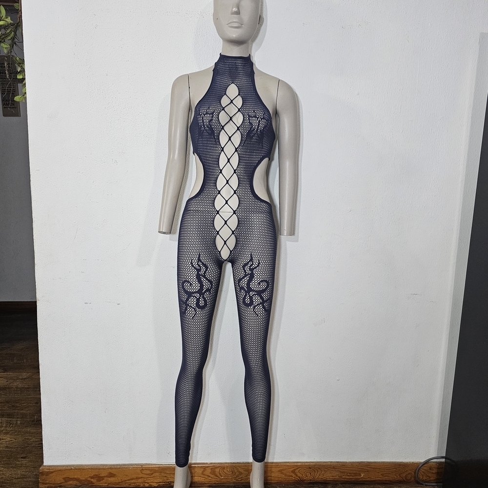 Savage X Fenty Blue OS Fishnet Catsuit Tribal Flame Bodystocking Y2K Halter Jump